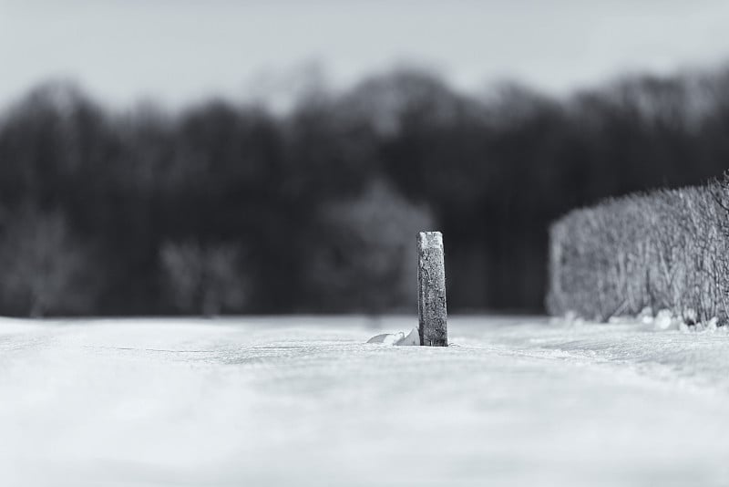 老黑白照片张贴在雪在乡村景观。