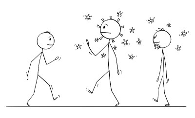 被冠状病毒感染的人走在街上将病毒传播给其他人的矢量漫画插图