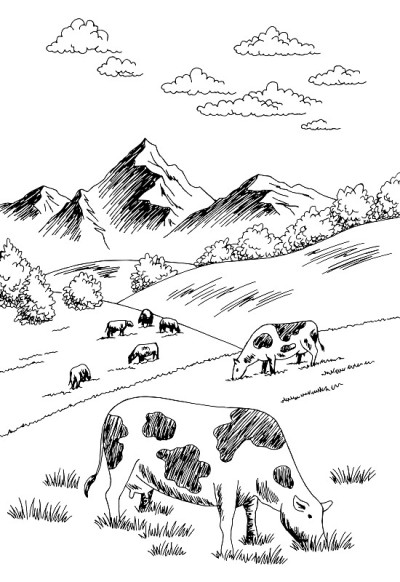 奶牛在山上吃草图形黑白垂直素描插图矢量