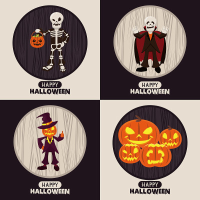Set of Happy halloween season cards with cartoons