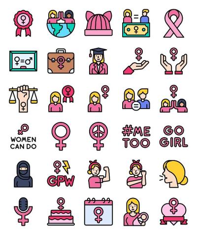 女权主义相关填充图标集，矢量插图