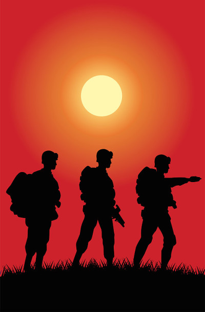 士兵们在日落现场的剪影