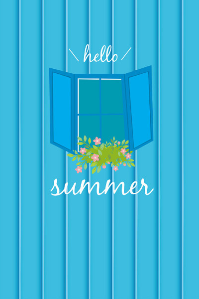 Window and flower illustration on blue background
