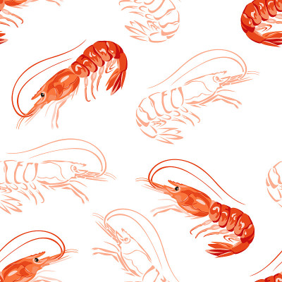 Red cartoon shrimps seamless pattern. Seafood back