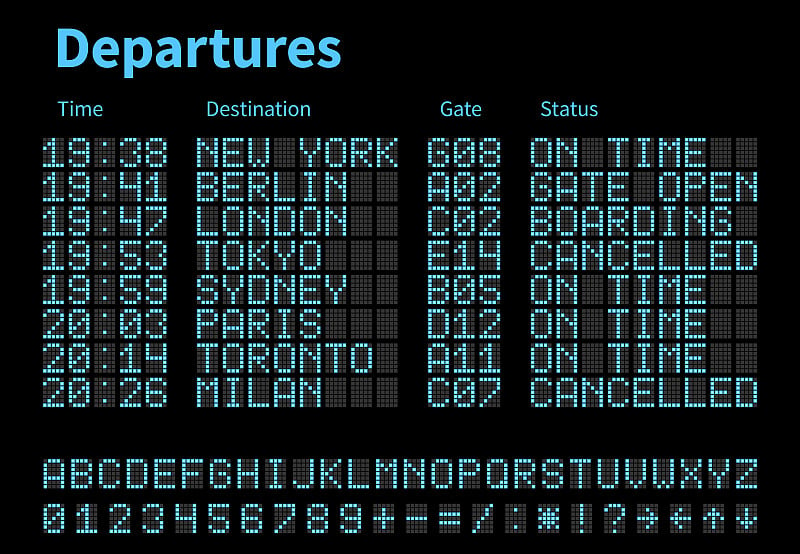 出发和到达机场数字板矢量模板。航空公司记分牌上的字母和数字