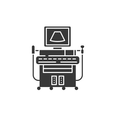 数字超声诊断系统字形黑色图标。检查腹腔概念。签名为网页，移动应用程序。矢量隔离元素。