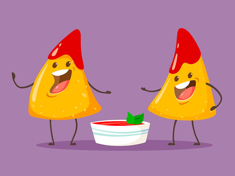 Funny characters Nachos with tomato salsa sauce. N