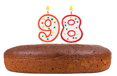 生日蛋糕与蜡烛九十八孤立在白色
