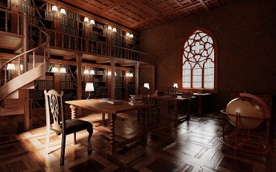 真实感3D渲染的旧古董图书馆