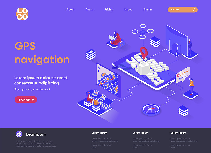 GPS导航等距着陆页面。地理定位和导航系统，世界定位，路线和方向等距网页。网站平面模板，矢量插图人物