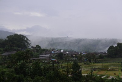 印度尼西亚巴厘岛的Jatiluwih Rice Terrace。巴厘岛塔巴南的自然风光。前景是群山和