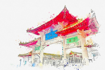 台湾基隆耶芬名刹金山寺水彩画。