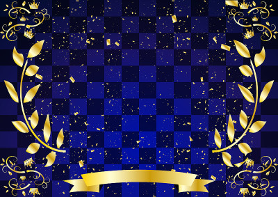 金月桂皇冠框架和蓝色格子图案的背景