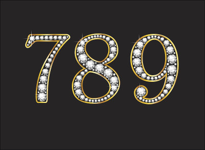 7, 8和9钻石宝石字体与黄金通道