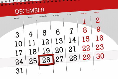 2018年12月的日历，截止日期，周三，26