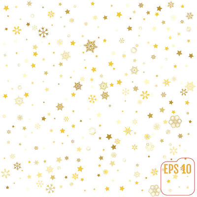 星星和雪花图案。白色，背景，金色，礼品包装。矢量插图。