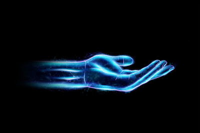 拿着黑色背景上的全息图。未来科技的概念。3D渲染，3D渲染。