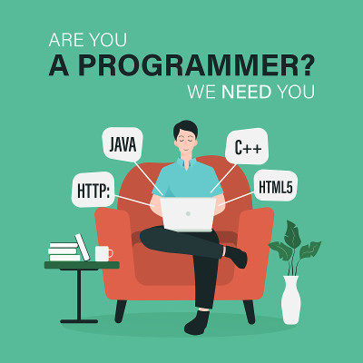 Programmer job vacancy template with man working o