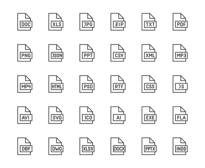 文件格式平面线图标集。Doc, xls, jpeg, zip, txt, pdf, xml, mp3