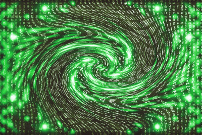 绿色矩阵数字背景。扭曲的网络空间的概念。人物落入虫洞。入侵矩阵。虚拟现实设计。复杂的算法数据黑客。绿