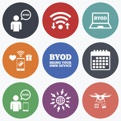 BYOD迹象。人与笔记本和智能手机。