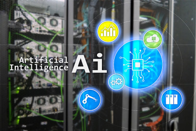 AI，人工智能，自动化和现代信息技术概念上的虚拟屏幕。