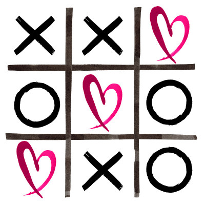 水彩画上红色，黑色的彩线，粉红色的心的一个游戏，白色的tac - toe。手绘水彩黑色网格孤立的白色