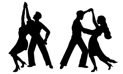 Set of silhouettes of dancing couples of people is