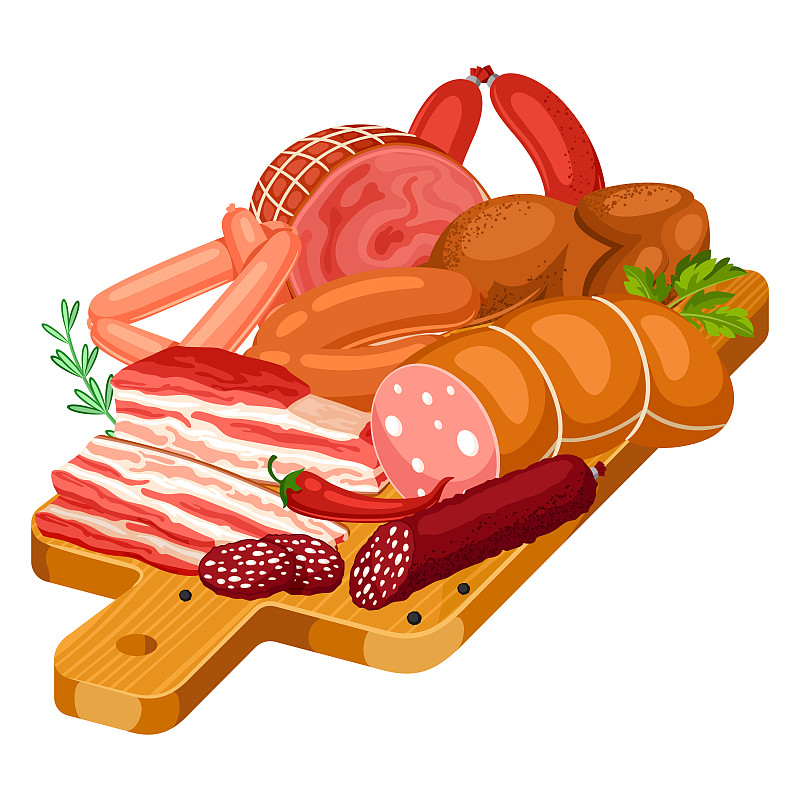 木制砧板上的肉制品插图。香肠、熏肉和火腿的插画