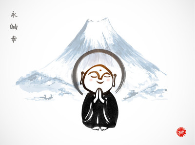 日本菩萨智佐和富士山。传统的日本水墨画佛糜璧。象形文字的翻译-象形文字-永恒，自由，幸福，禅