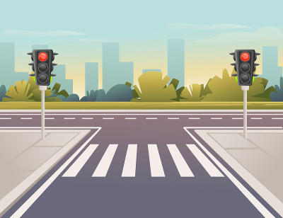 空的城市道路与人行横道和交通灯晴天与清晰的天空矢量插图