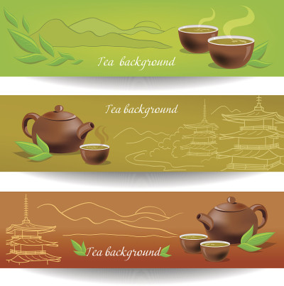带有茶叶、茶壶和杯子的横幅