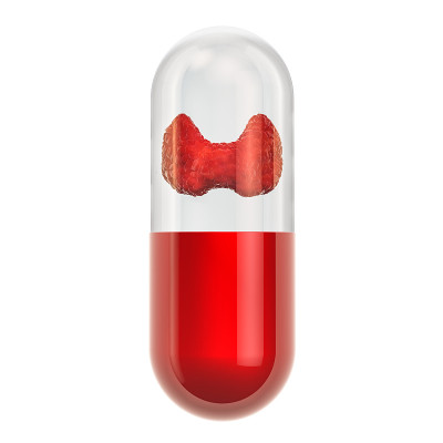 甲状腺疾病药物概念，3D渲染孤立在白色背景