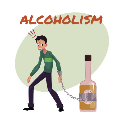 胡子拉碴的男人，手被锁在酒瓶上。酒精依赖