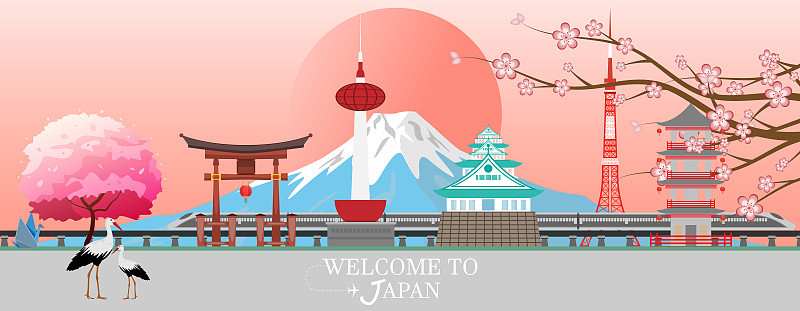 全景旅游明信片，日本旅游广告。矢量插图。