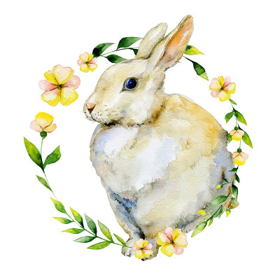 水彩画兔子与黄花和香草花环