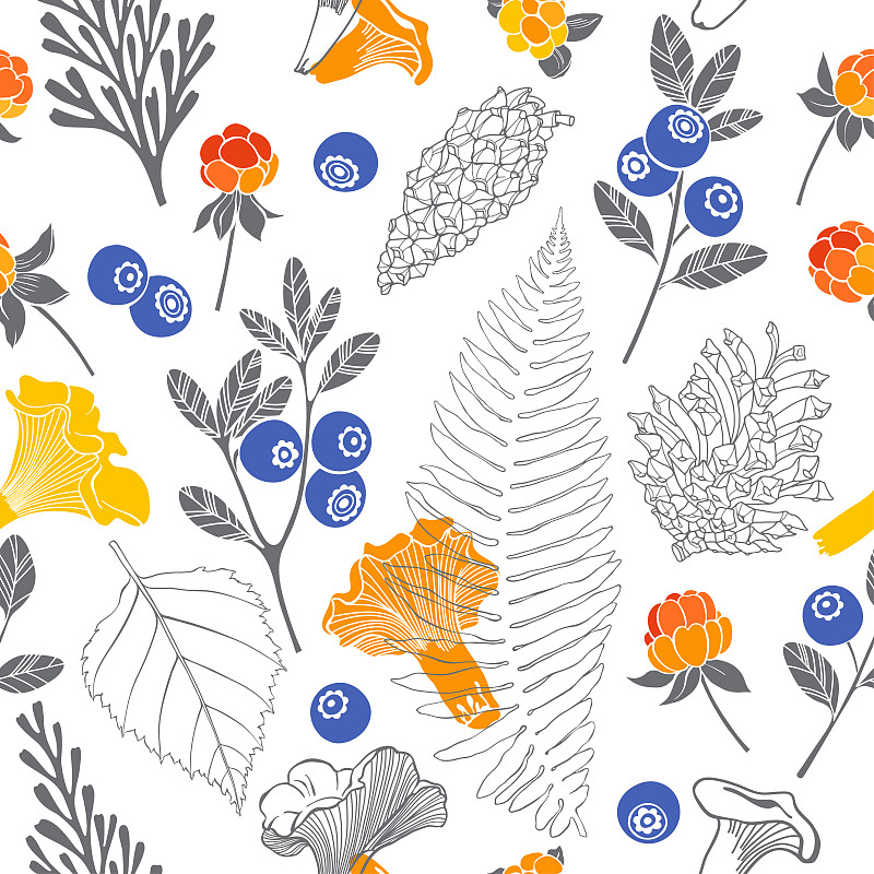 Seamless vector pattern with pine cones, berries, 