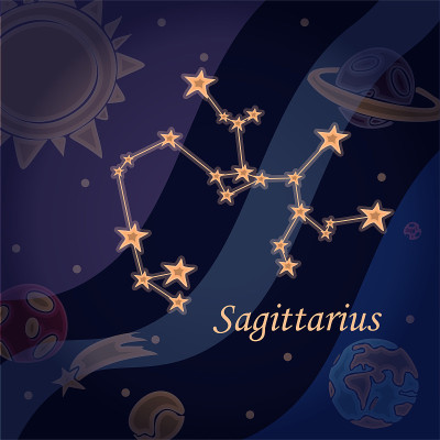 涂鸦星座的人马座符号的星座矢量插图的占星术和天文学。占星在宇宙背景明亮的恒星