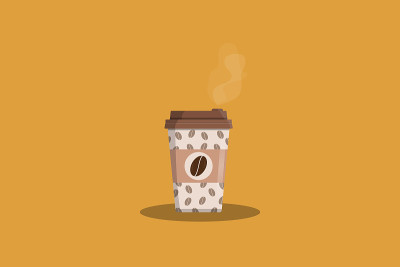 一次性咖啡杯里的咖啡。咖啡杯上的咖啡豆图案。