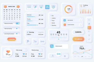 健身移动应用的用户界面元素。独特的neumorphic设计UI, UX, GUI, KIT元素模板。