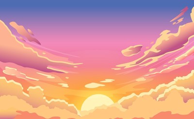 日落的天空。卡通夏日日出伴彩云和阳光，傍晚多云的天空全景。早上向量景观