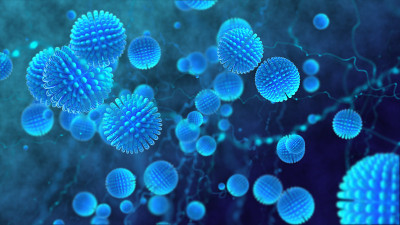 显微镜下红血球和病毒细菌、感染三维渲染、医疗保健、医学科学概念。血液中的粒子，人体科学生物学