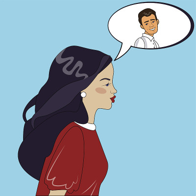 美丽的女人想着微笑的男人在对话云矢量插图