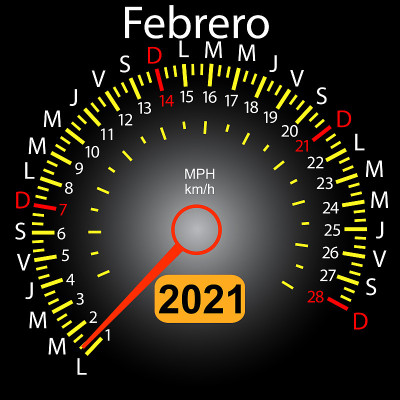 2021 year calendar speedometer car in Spanish Febr