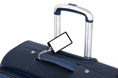 白色上孤立空白标签的旅行箱
