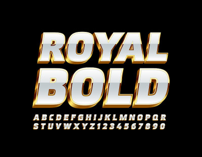 Vector Royal Bold 3D Font. Luxury White and Gold A