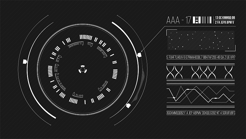 UI设计接口。检测到的信息和用户界面HUD列表。矢量图形用户界面与圆形全息图。科幻虚拟现实技术。