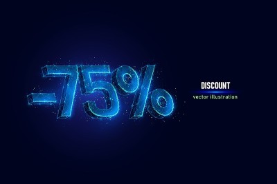 七五折的数字线框由连接的点。假日折扣低多边形矢量插图在蓝色的背景。