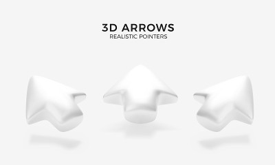 白色箭头。3D箭头设置不同方向。体积计算机指针或光标