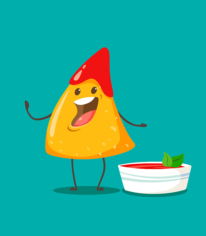 Funny chips Nachos character with  a cup of tomato